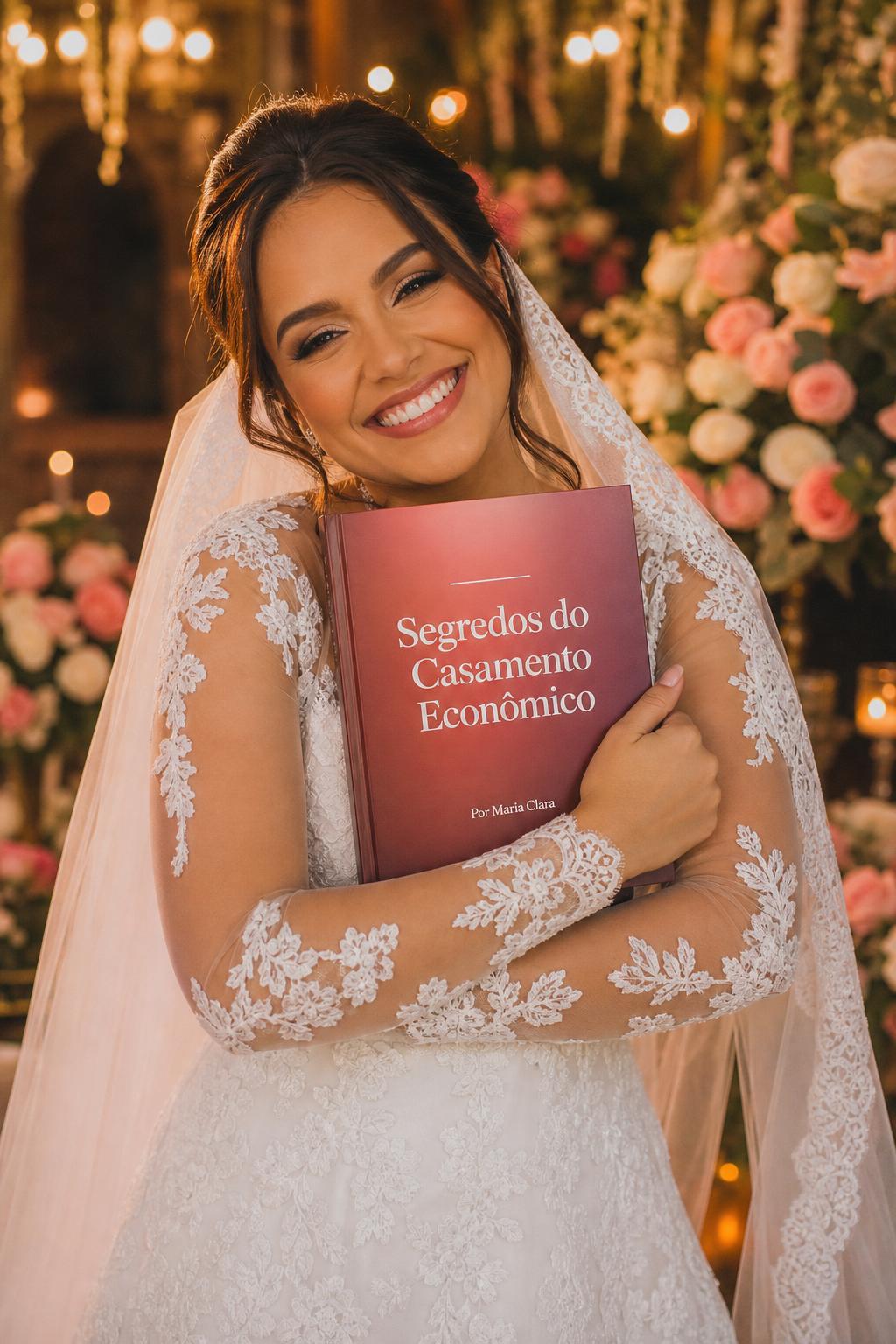 Noiva sorrindo segurando o ebook Segredos do Casamento Econômico